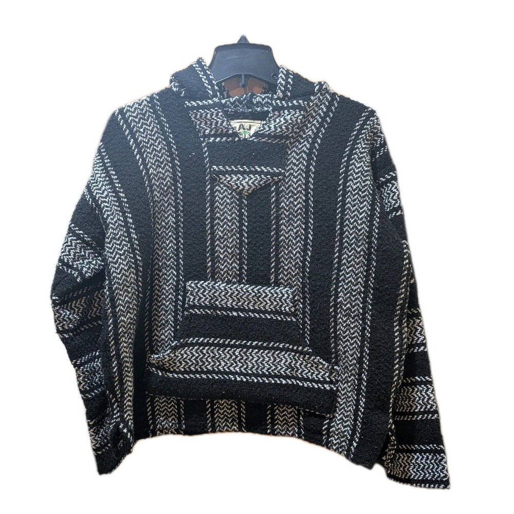 Baja Joe Black/White Striped Hoodie Mexican Poncho Pocket Surfer Beachy Size Sm
